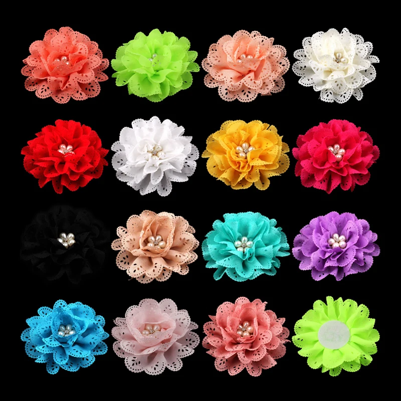 

4pcs/lot 4" 15colors Artificial Eyelet Silk Hair Flower+Pearl Button For Children Hair Accessories Fabric Flowers For Headbands
