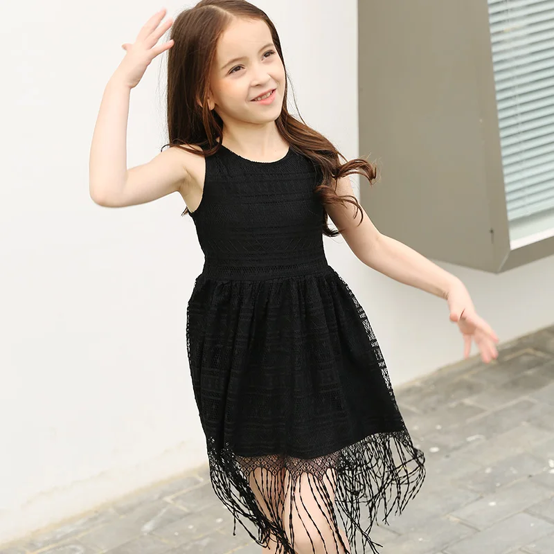 2018 Summer Girl Black Tassel Dress Kids Vest Children Girls Sleeveless Fringe Clothing For 5 8 11 16 Year Old | Детская одежда и