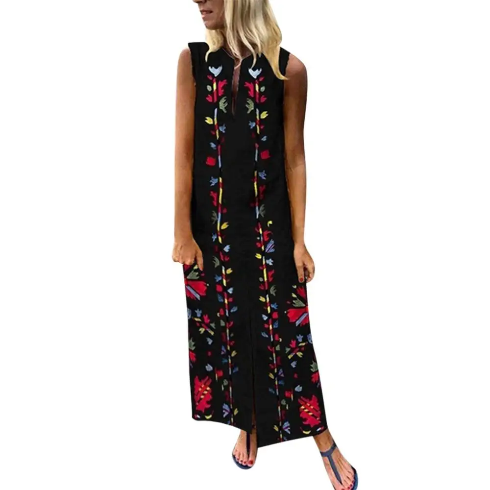 2019 для женщин с цветочным принтом DressSummer сексуальное платье без рукавов Вечерние