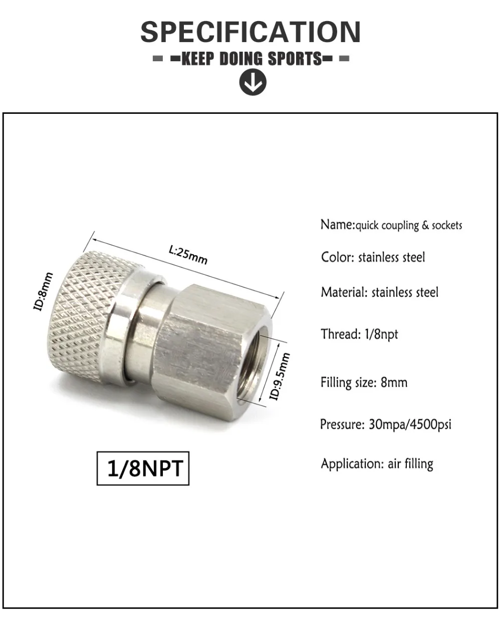 Пейнтбол PCP Airforce из нержавеющей стали 1/8NPT 1/8 BSPP Женский Быстрый разъём 8 мм заполняющий соска Соединительный соединитель фитинги разъем