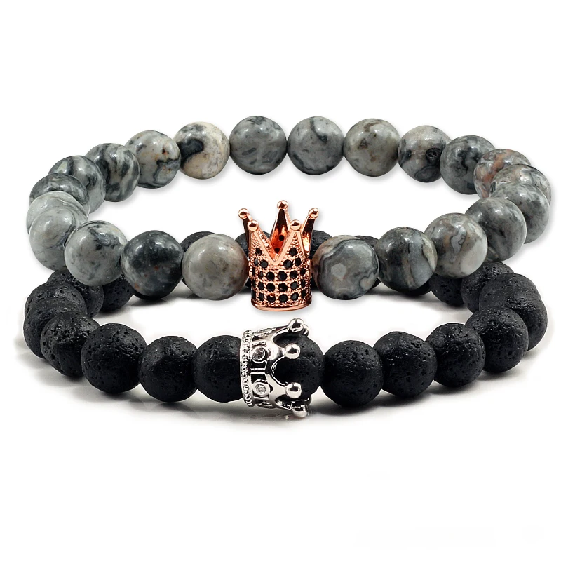 2 шт./компл. модный браслет из чакры с короной белые и черные натуральные камни