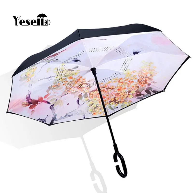 Ветрозащитный Зонт Yesello Flowers двухслойный перевернутый с двойной подставкой для