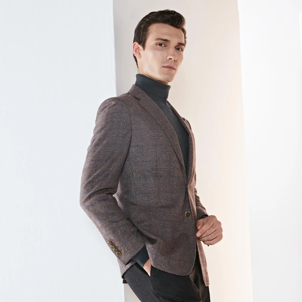 100% wool high quality blazer men brown plaid smart casual single breasted full sleeve mens clothes 2018 autumn winter warm wear | Мужская