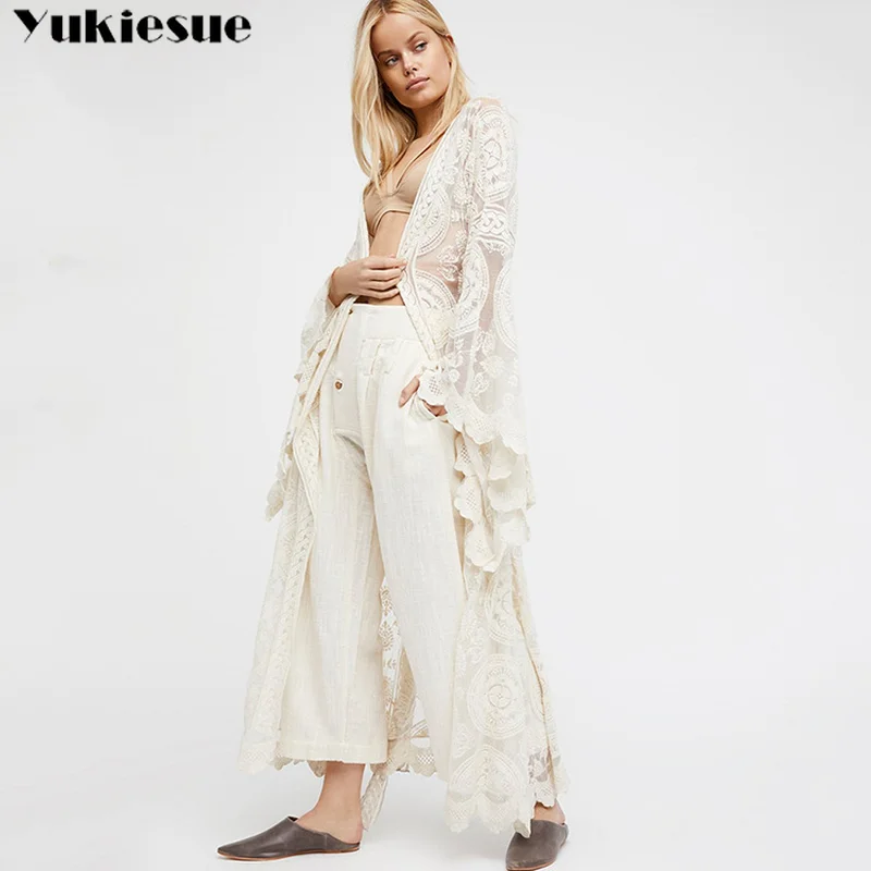 

lace Summer Tops 2022 Fashion Casual White Embroidery Long Women Clothes Batwing flare Sleeve Loose Kimono Cardigan