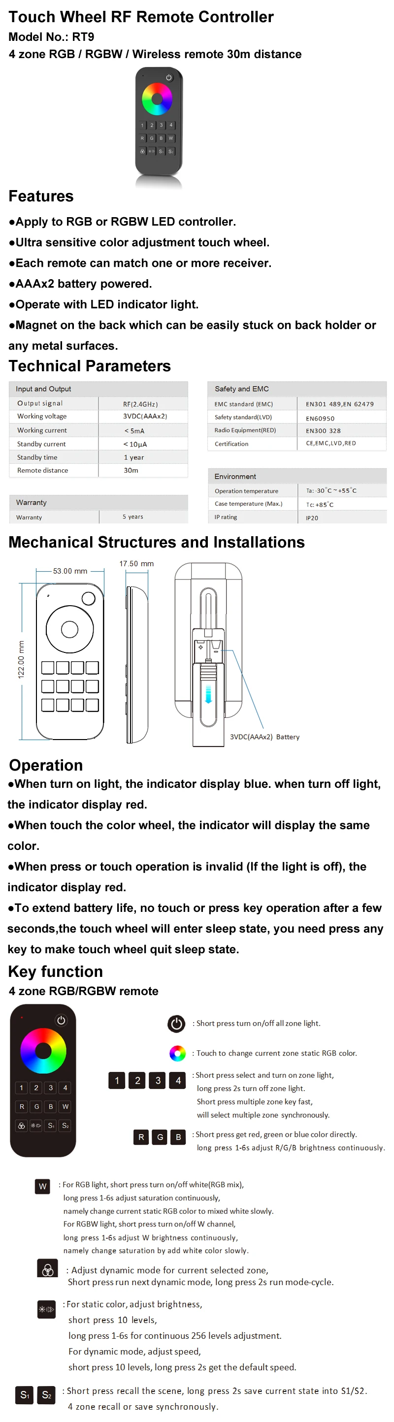 Led RGB/rgbw светодиодные ленты контроллер 2,4G RT9 4 зоны пульт дистанционного управления с V4-L 4CH* 5A Беспроводной приемник Цифровой индикатор Два Частота ШИМ