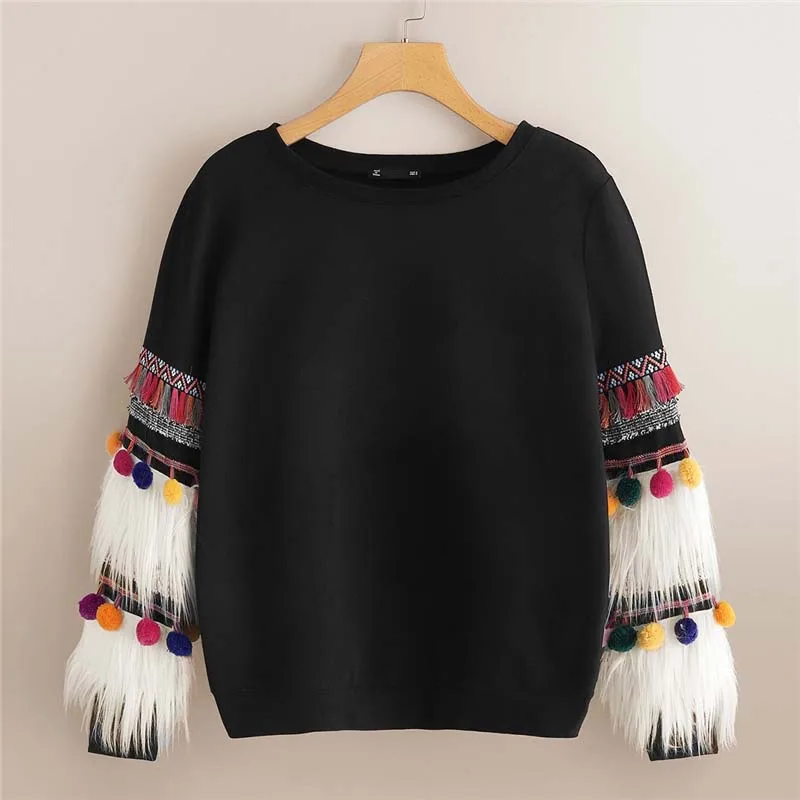SweatyRocks черная контрастная толстовка с кисточками из искусственного меха с длинным рукавом и бахромой пуловеры Топы осенние женские повседневные толстовки
