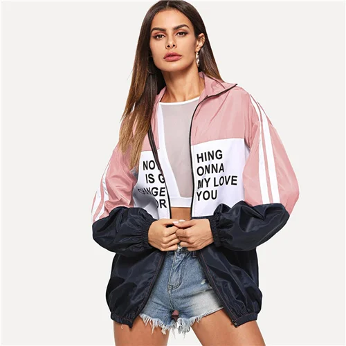 Многоцветный SweatyRocks Athleisure цветная ветровка на молнии с буквенным принтом модная разноцветная Женская Осенняя куртка на молнии - Цвет: Многоцветный