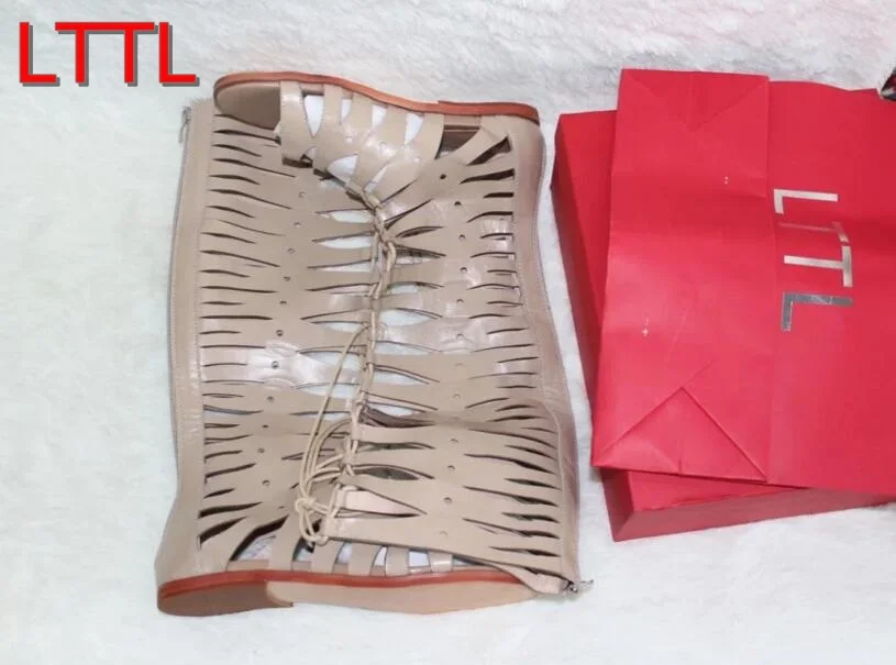 

New 2017 Women Leather Boots Cuts Out Gladiator Boots Shinny Leather Flat Heel Knee High Booties Spring Dress Shoes