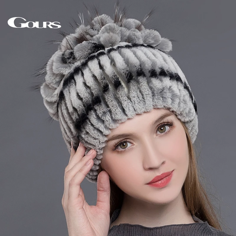 Женская меховая шапка Gours белый теплая бини из натурального меха кролика Рекс