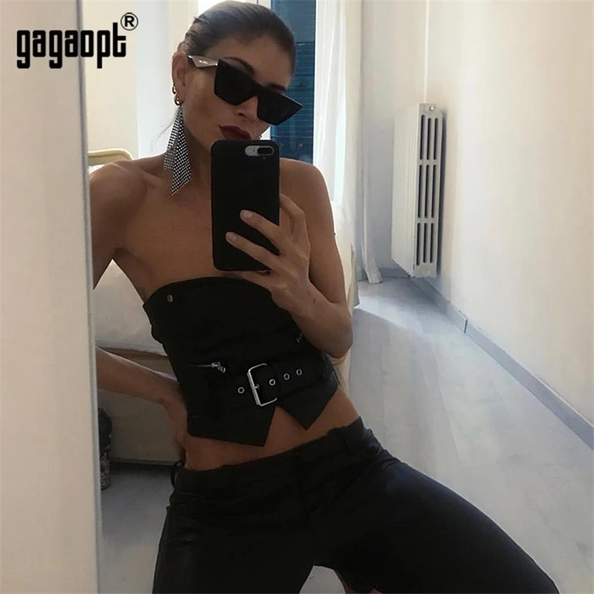 Gagaopt, летние женские Топы Harajuku, короткий топ, модный, с открытыми плечами, кожаный сексуальный топ с поясом, вечерние, для клуба, уличная одежда, Blusas