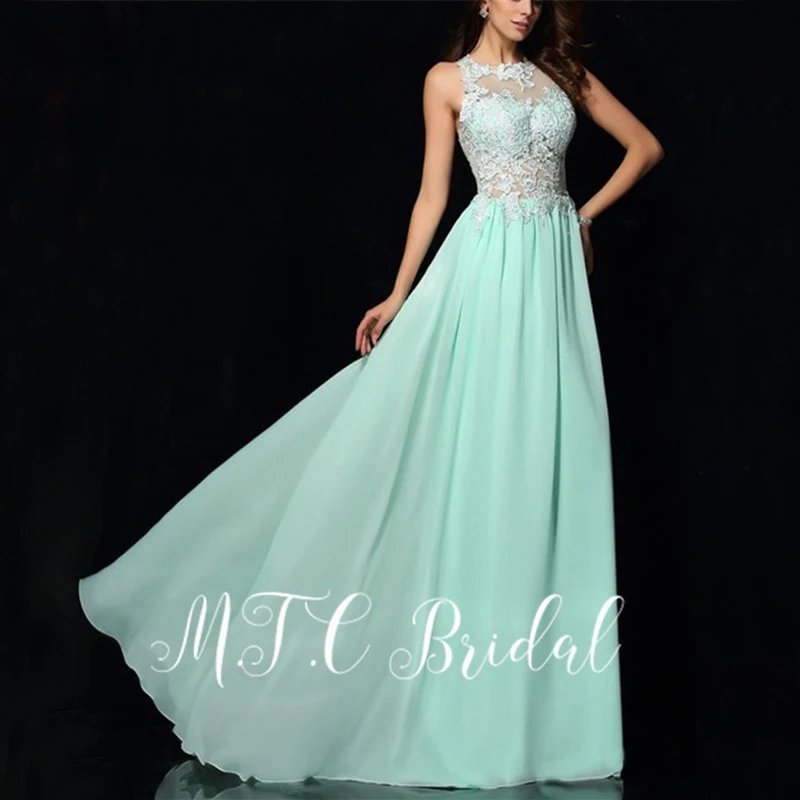 

Graceful Mint Green Lace See Through Evening Dress Long Open Back A Line Chiffon Wedding Party Dresses 2019 New Women Gown Cheap
