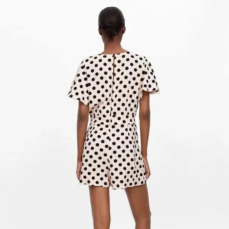 Женский комбинезон в горошек с расклешенными рукавами повседневный v образным