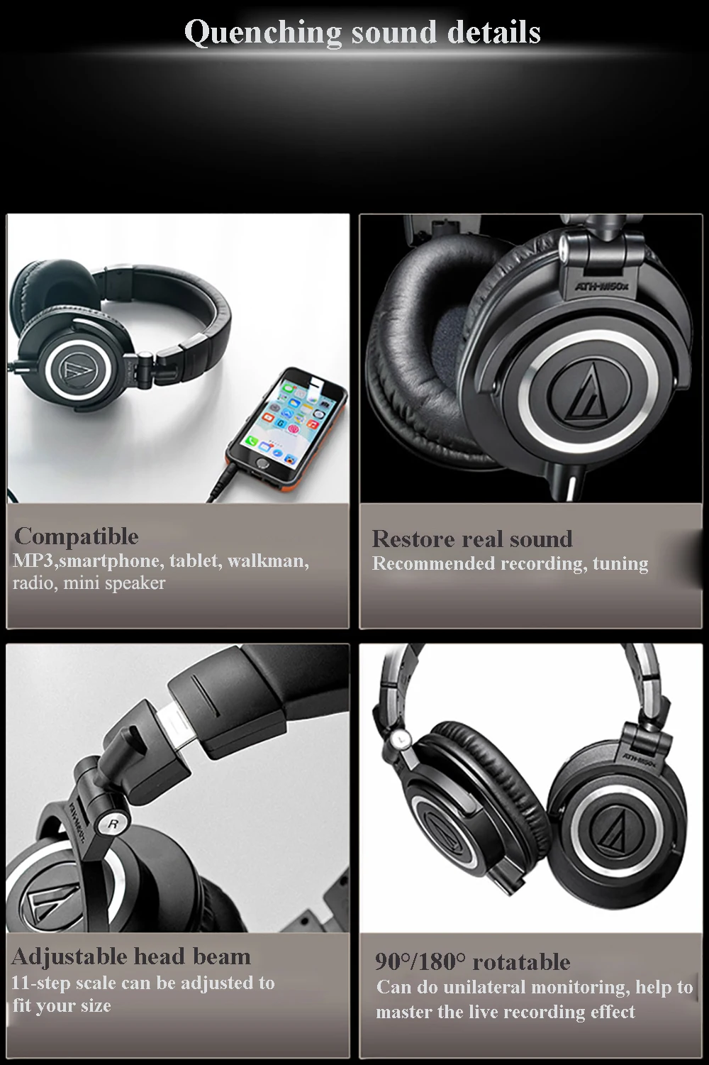 Оригинальные Audio-Technica ATH-M50x, профессиональные мониторные наушники, закрытые сзади, динамические Накладные Наушники Hi-Fi, складные наушники G