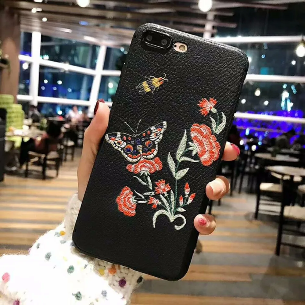 3D рельефная вышивка пчела чехол для телефона iPhone 6 8 7 текстура личи Мягкий ТПУ Plus X