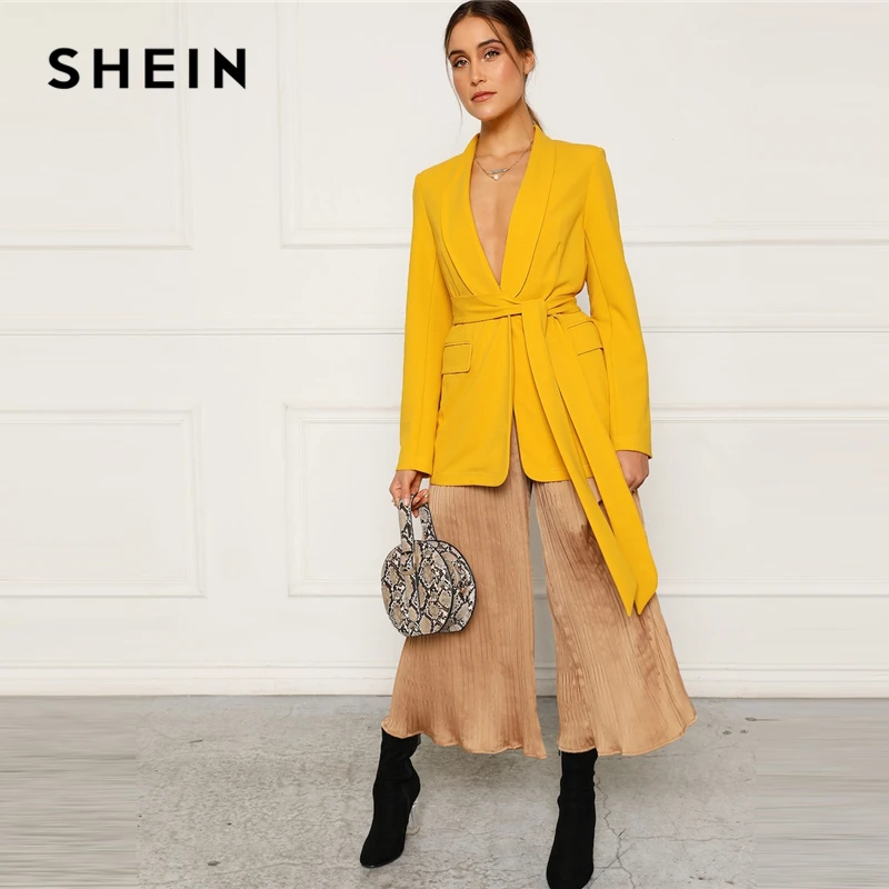 SHEIN Однотонный Блейзер С Поясом, Жакет С Длинным Рукавом, Яркий Блейзер В Стиле Минимализм