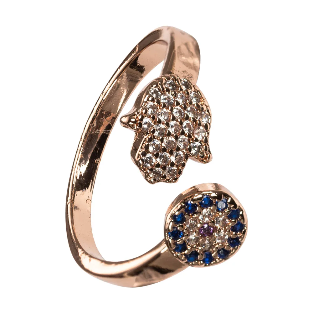 rose gold Lucky Eye Hamsa ручные кольца Evil Eye открытое медное микро кольцо с фианитами для женщин Ювелирное Украшение регулируемое кольцо EY5177 - Цвет основного камня: rose gold