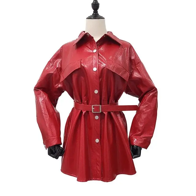Фото Возможно у женщины куртки и пиджаки Карманный PU искусственная кожа sash Кнопка