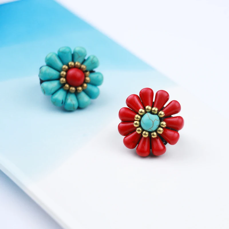 Ethnic jewelry wholesale Thailand Slack wax rope braided copper beads flower ring 02 | Rings