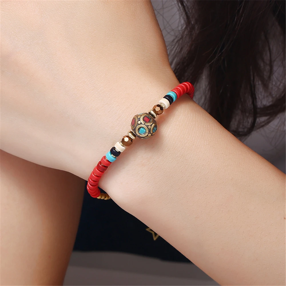 

ETHNIC Brand Boho Red Handmade Gypsy Gold-color Beaded Chain Charm Bracelets for Women Fashion A Bracelet