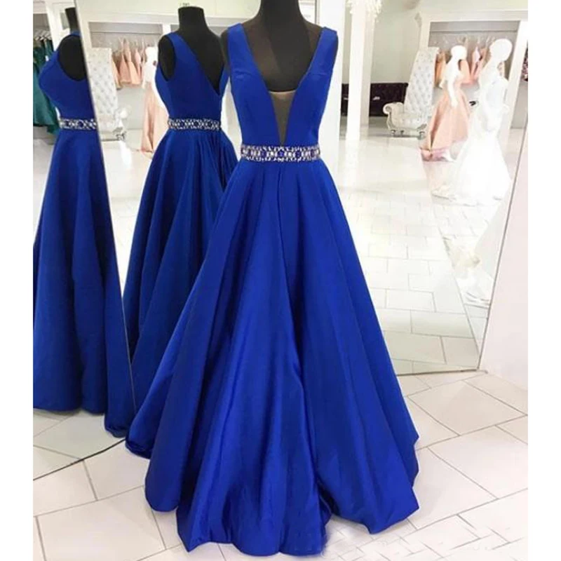 

Gorgeous A Line Blue Evening Dresses Plunging V Neck Sleeveless Formal Dresses Crystals Waist Long Prom Party Gowns