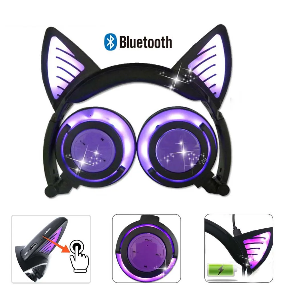 Беспроводные наушники с кошачьими ушками bluetooth микрофоном светодиодные