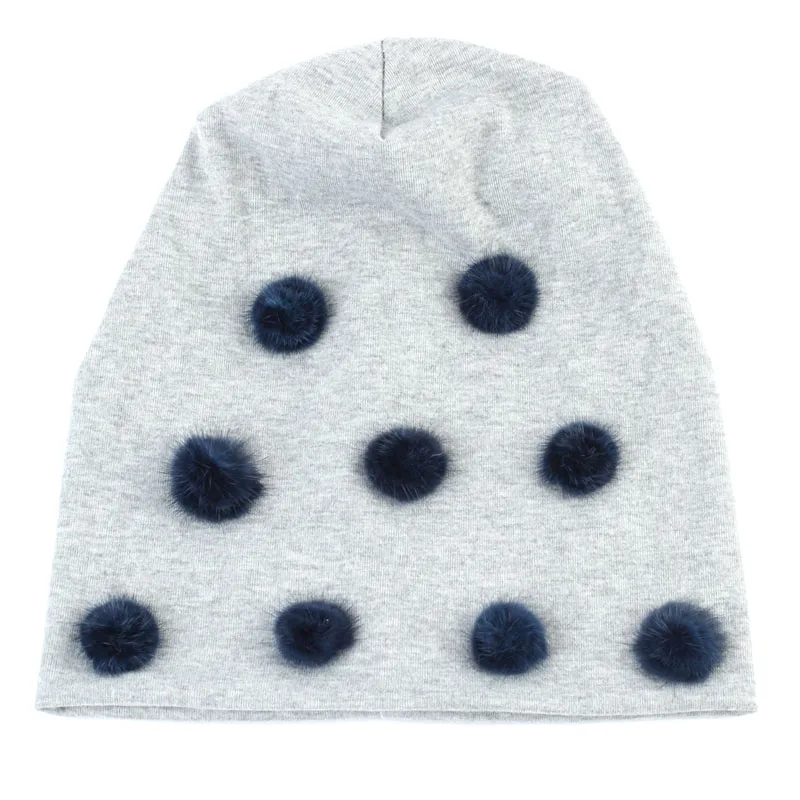Navy Light Grey Весенняя Новая Женская Шапка-бини с помпон из меха норки хлопок Простые Черные Мешковатые шапки-Боб для женщин Skullies с аппликацией - Цвет: Navy Light Grey