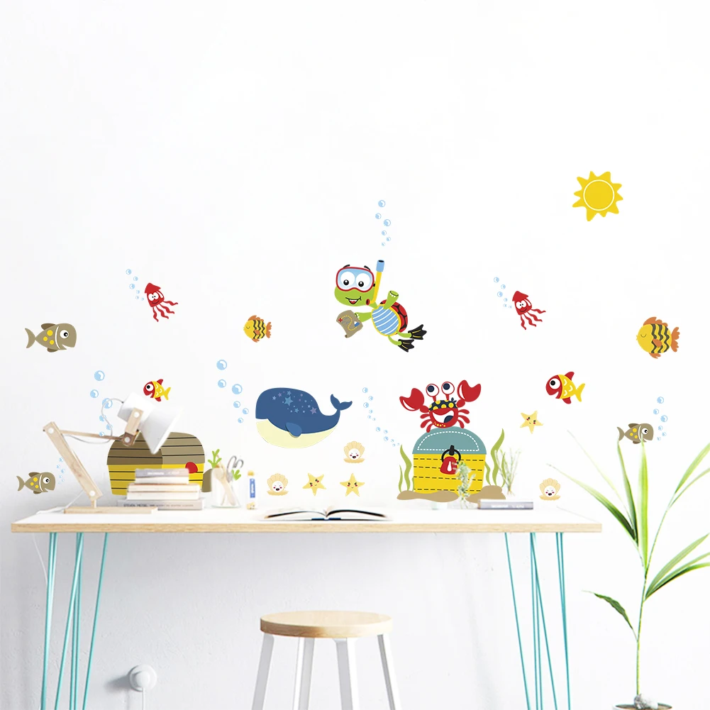 Настенный стикер рыбка с морским дном мультяшная Наклейка на стену для детской
