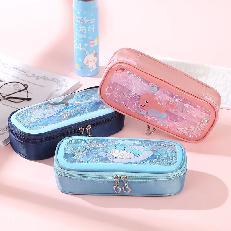 4 Colors Large Capacity Whale Pencil Case Double Zipper Cartoon Student Pencil Bag Gift Estuches School Pencil Box