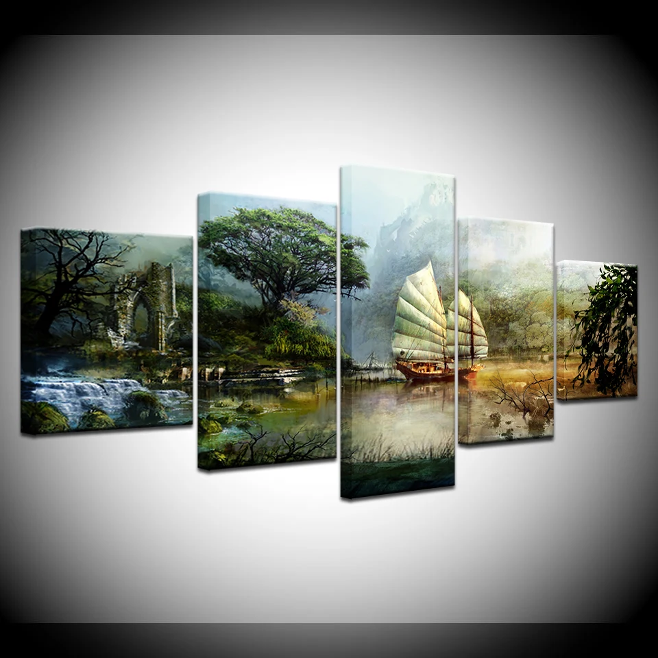 

5 panel canvas print Modular art landscape sailboat oil painting pictures on the wall modern art painting decor Artwork