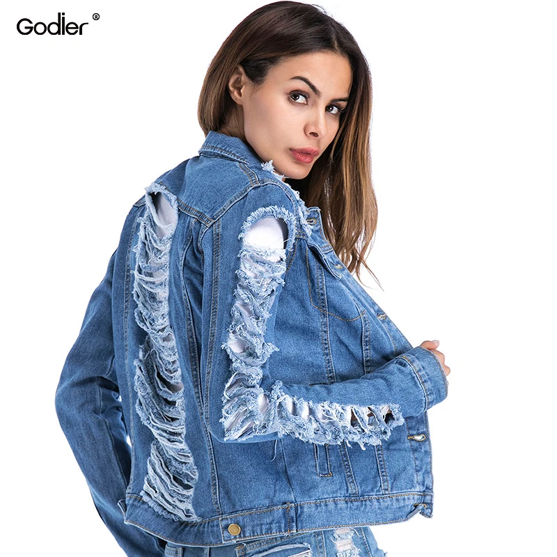 Godier Veste En Jean Femme Manche Longue Женская винтажная рваная джинсовая куртка с длинным