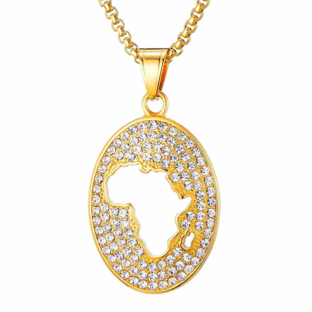 Хип хоп Iced Out Bling Африка кулон карта & ожерелье 316L нержавеющая сталь для мужчин
