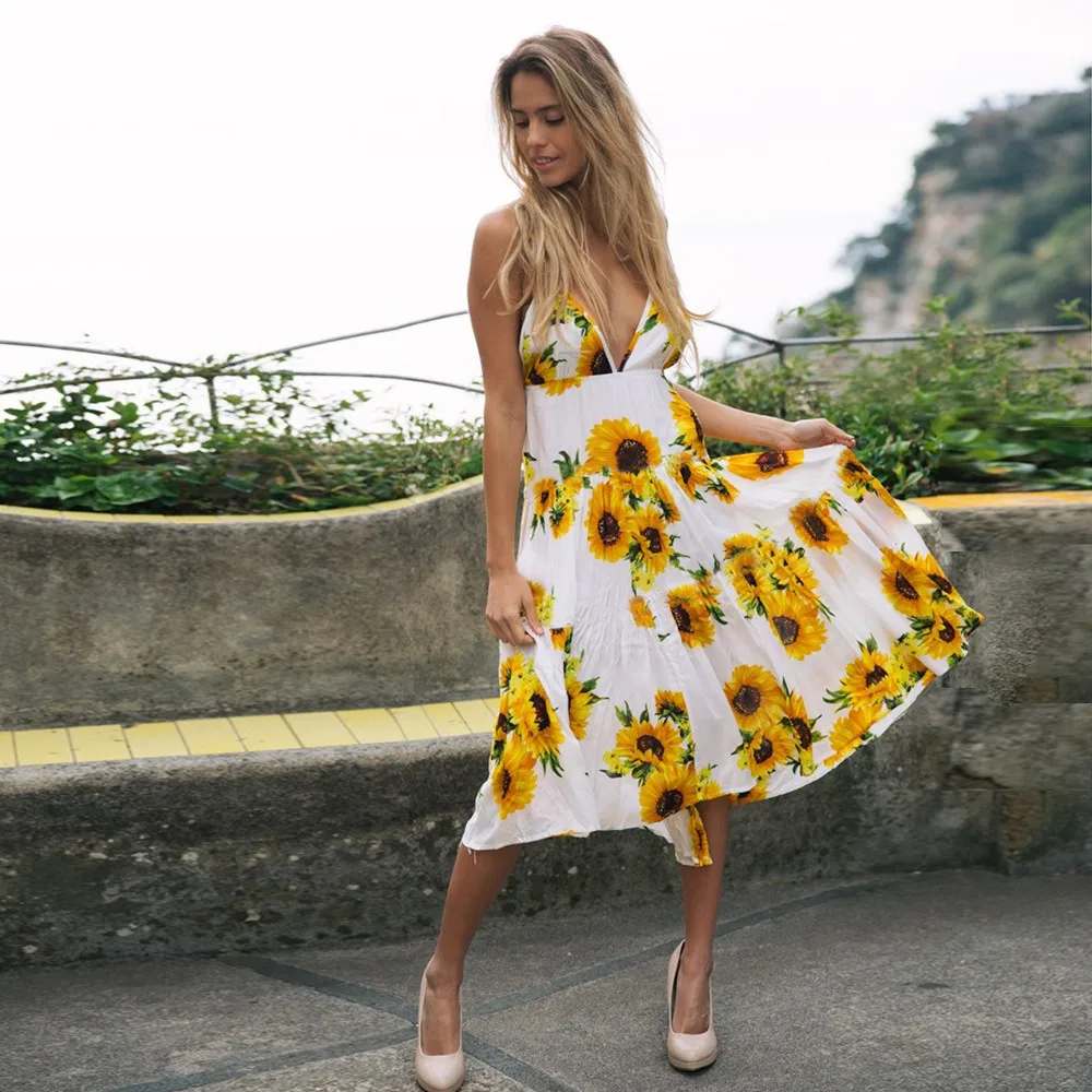 

Sunflower Dress Beach Dress Vestido Girassol Backless Women Summer Dresses Sexy V Neck Party Jurk Boho Bohemian White Clothes