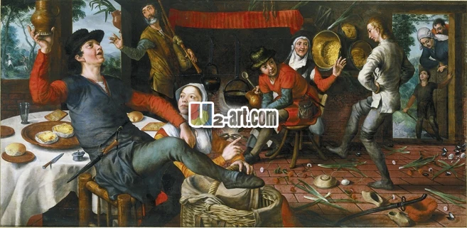 

Wholesale classical craft oil painting of pieter Aertsen beautiful art of Comfortable and happy farm life Figure-097 16"x32