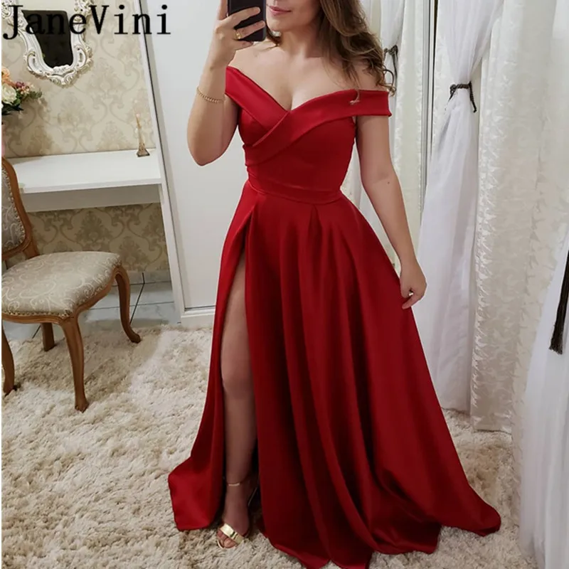 

JaneVini Vestidos Prom 2019 Royal Blue Burgundy Prom Dresses Long Elegant Sexy Side Slit Off Shouler Satin Formal Evening Dress
