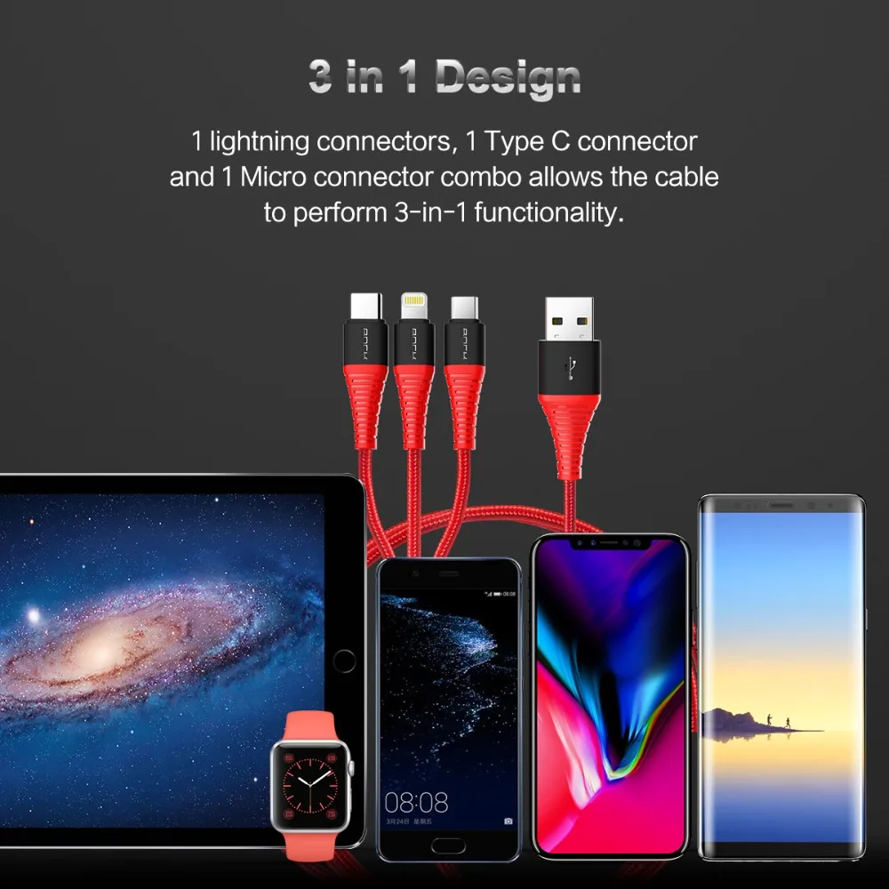 Кабель Micro USB ROCK 3 в 1 высокопрочный кабель Lightning для iPhone XS Samsung Galaxy S8 Type C быстрая