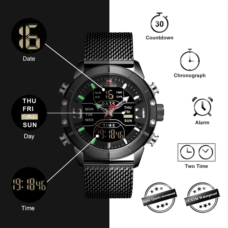 Часы NAVIFORCE мужские спортивные аналоговые цифровые из нержавеющей стали