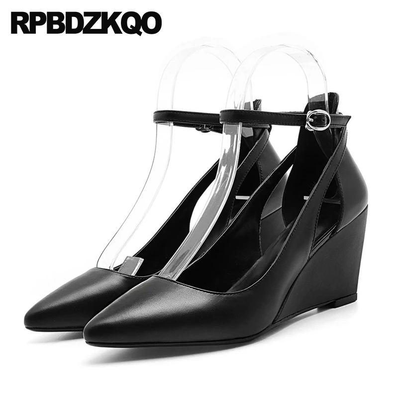 

Pumps Ladies Ankle Strap Size 4 34 Handmade Genuine Leather Women Shoes Office Black 2021 3 Inch Wedge Pointed Toe High Heels