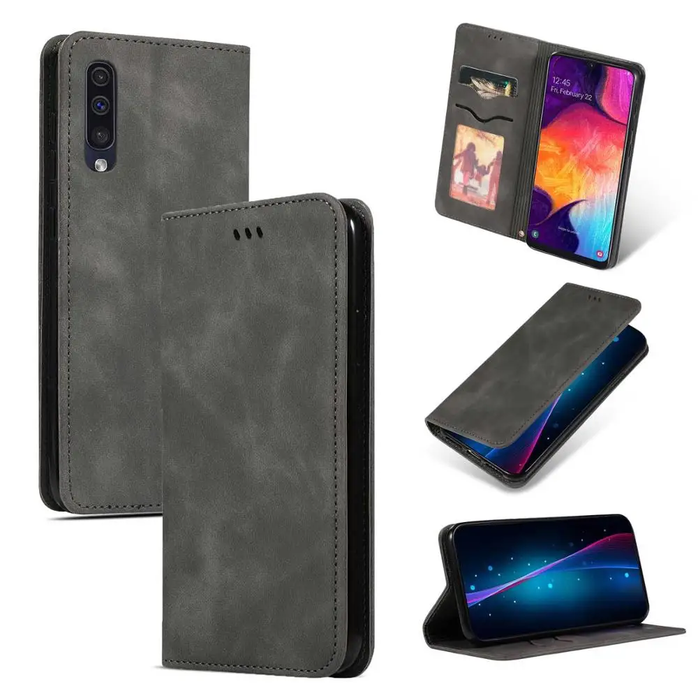 grey Чехол для samsung Galaxy A50, Роскошный Ретро флип-чехол из искусственной кожи, Магнитный кошелек, чехол с подставкой для samsung A50, A70, A40, A30 - Цвет: grey
