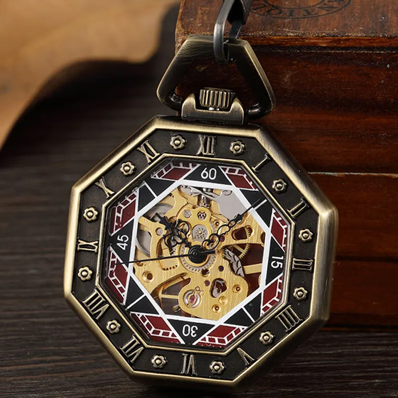 

Vintage Bronze Octagon Men Mechanical Pocket Watch Antique Men Steampunk Roman Numerals Hand Watch Skeleton Women With Chain Box