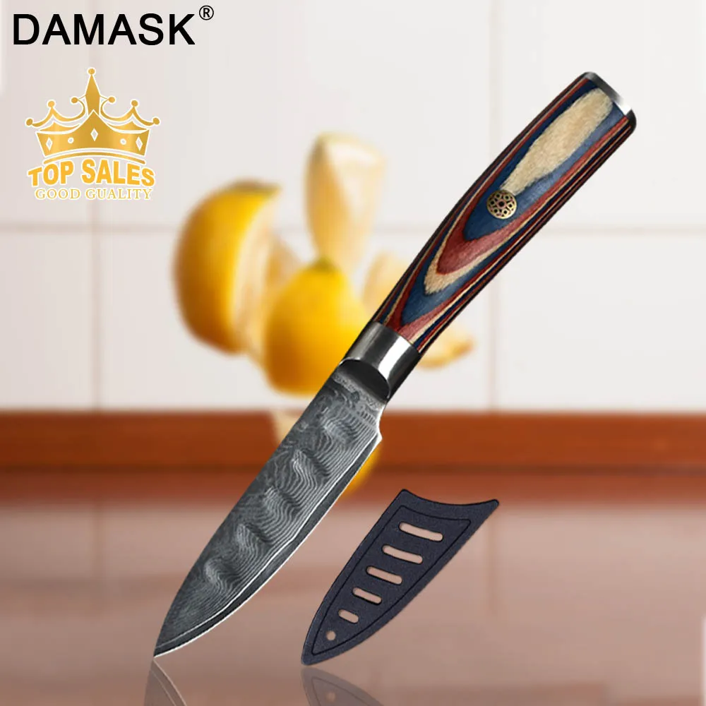 Дамасский кухонный поварской нож Damask слайсер для филе рыбы Кливер утилита фрукты Цветочное дерево, выполненное поддонным ножом гвоздь VG10 сталь острые столовые приборы - Цвет: 4 inch Utility Knife