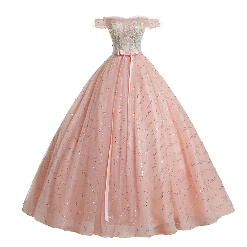 Pink Off Shoulder Ball Gown Tulle Dress For Sweet 16 Embroidery Puffy Dress Lace Appliques Sequins Quinceanera Dresses
