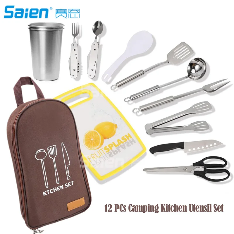 

Camp Kitchen Utensil Organizer Travel Set Portable BBQ Camping Cookware Utensils Travel Kit Rice Paddle|Tongs|Scissors|Knife