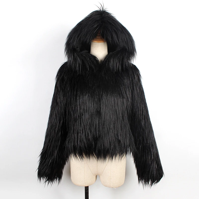 

Women Jacket Fluffy Faux Fur Hooded Coat New Winter Fashion Crop Long Sleeve Women Party Streetwear Lady Outerwear Outcoat