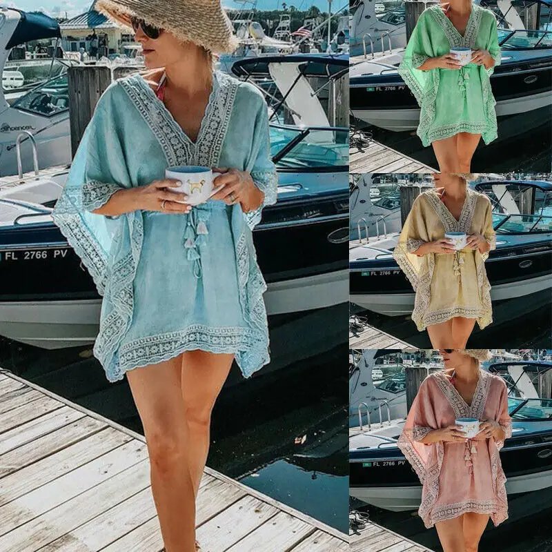 

Boho Beach Woman Lace Crochet Hollow Mini Cover-Ups Dress Elastic Collect Waist Swimwear Kaftan Batwing Swimsuit Cover Up