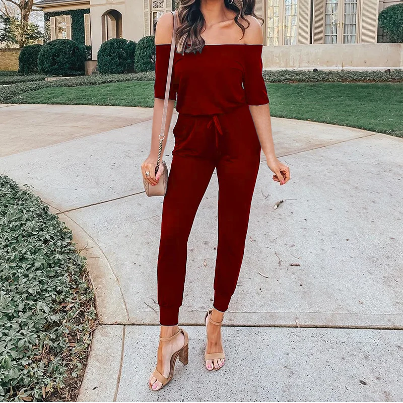 

Off Shoulder Sexy Jumpsuits For Women 2021 New Fashion Short Sleeve Backless Lace-Up Party Rompers Womens Jumpsuit Overalls