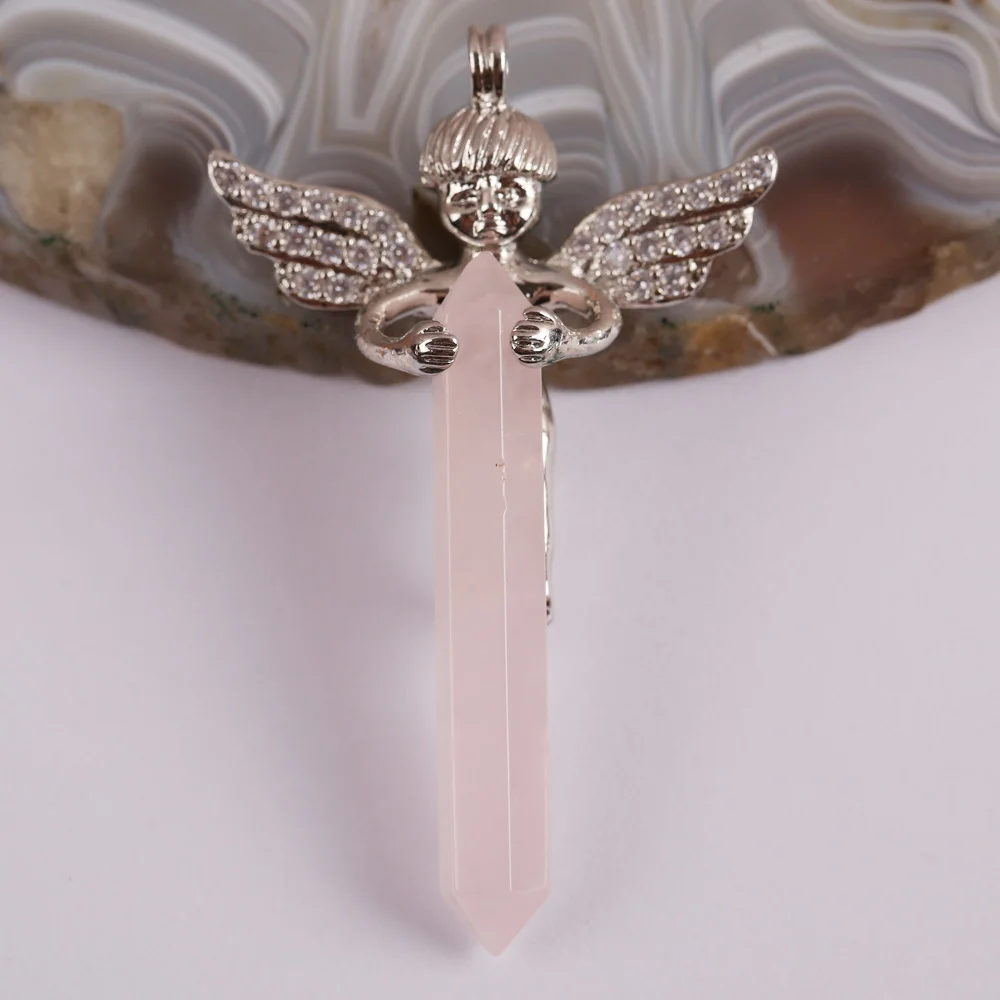 

Natural Rose Crystal Stone Bead GEM Pendant Lucky Angel Jewelry S3015