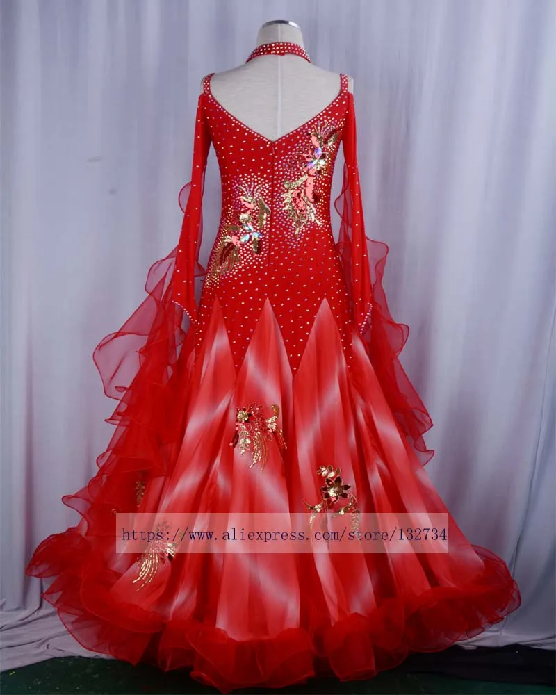

costume ballroom dance competition dresses standard ballroom dress chinese dance costumes waltz dress O neck Red