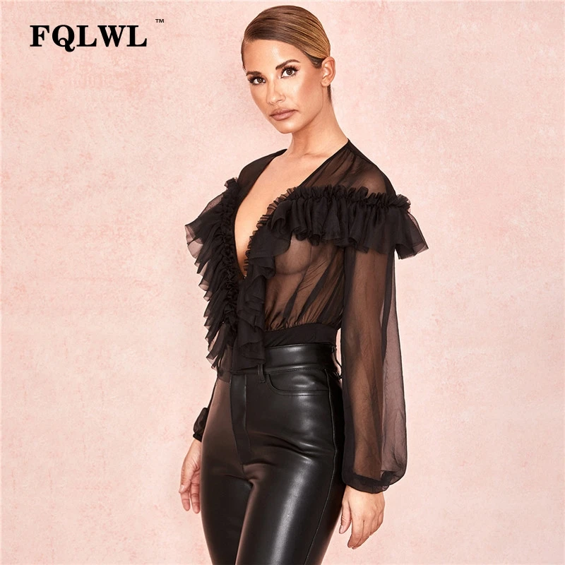 FQLWL, прозрачный, с оборками, с длинным рукавом, сетчатый, сексуальный, боди, для женщин, комбинезон, глубокий v-образный вырез, прозрачный, облегающий, черный, женский, боди