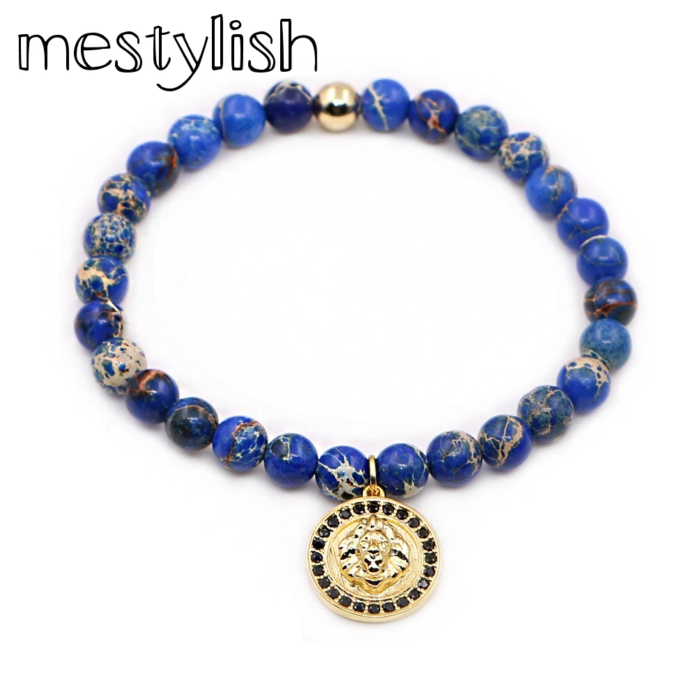 Новые модные синие Ониксовые бусины Mestylish подвеска Лев Подвеска браслет ручной