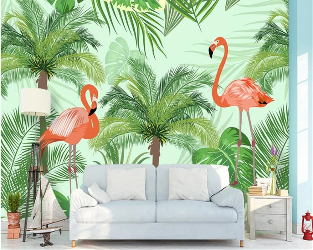 

beibehang Nordic fashion personality 3d wallpaper fresh hand-painted flamingo tropical rainforest mural living room papier peint